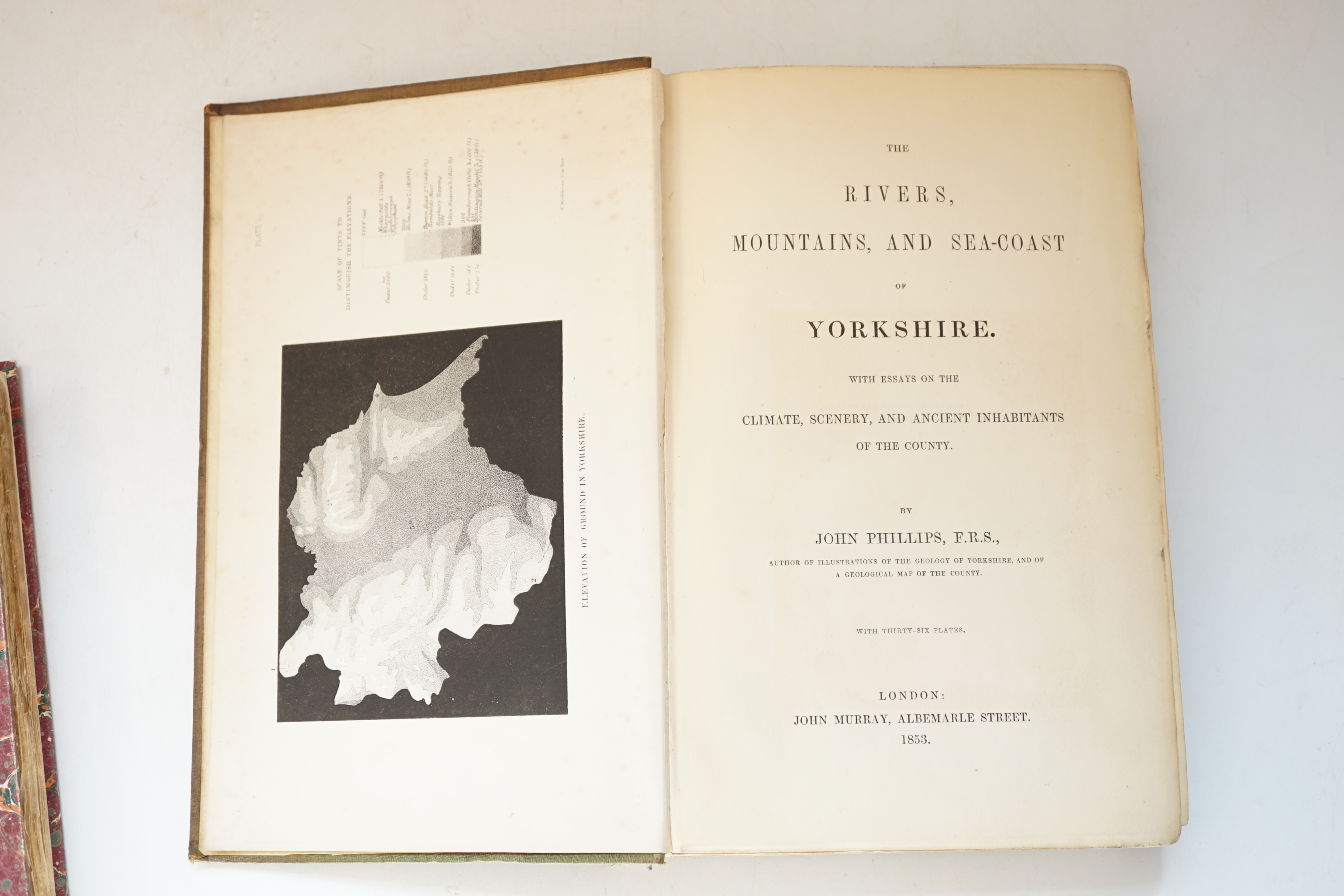 Phillips, John - Two Works - The Rivers, Mountains, and Sea-Coast of Yorkshire. With Essays on the Climate, Scenery and Ancient Inhabitants of the County, 1st ed., 36 lithographed plates, 16pp. publisher's list at end, d